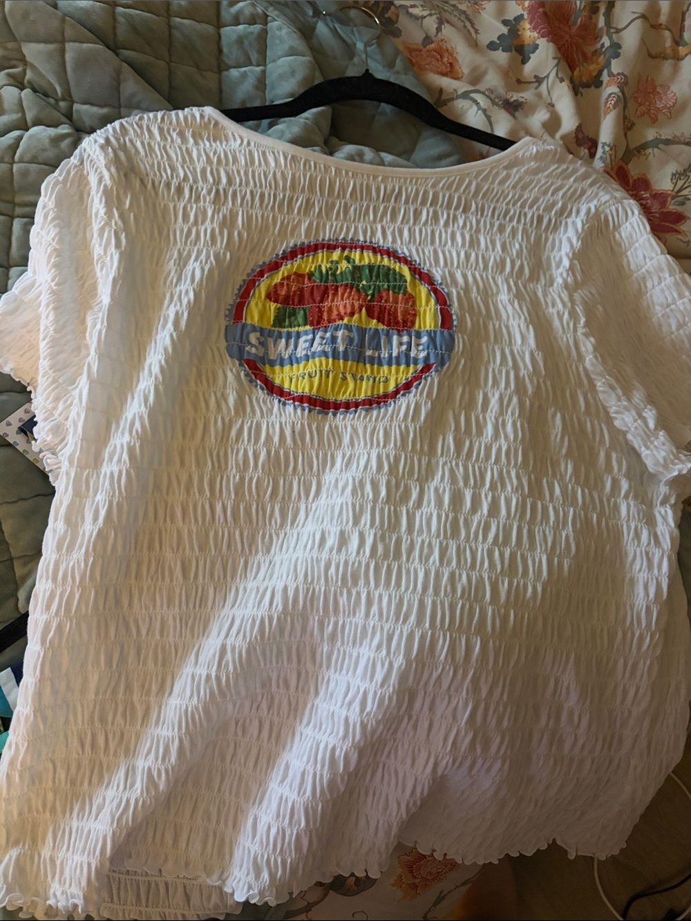 Old Navy White Smocked Short Sleeve Top with Colorful Fruit Patch